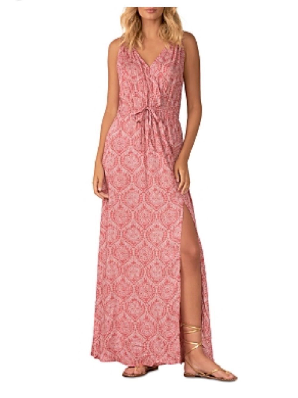 NEW Elan Pink & White Barbados Paisley Floral Print Slit Maxi Cover Up Dress S